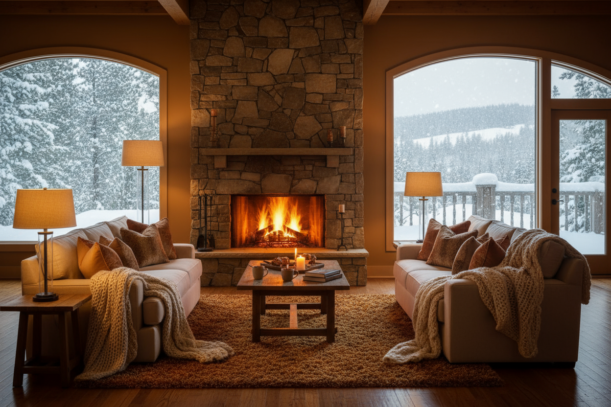Cozy living room during winter with the fireplace on and snow outside